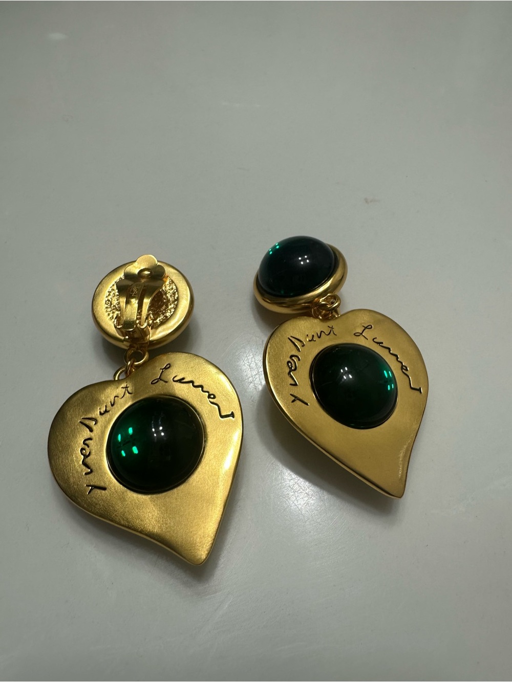Vintage Yves Saint Laurent Cabochon Clip-On Drop Heart Earrings - Picture 2 of 7